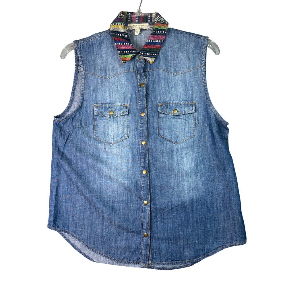 Life In Progress Sleeveless Denim Shirt Woven Collar Western Boho Size M Blue